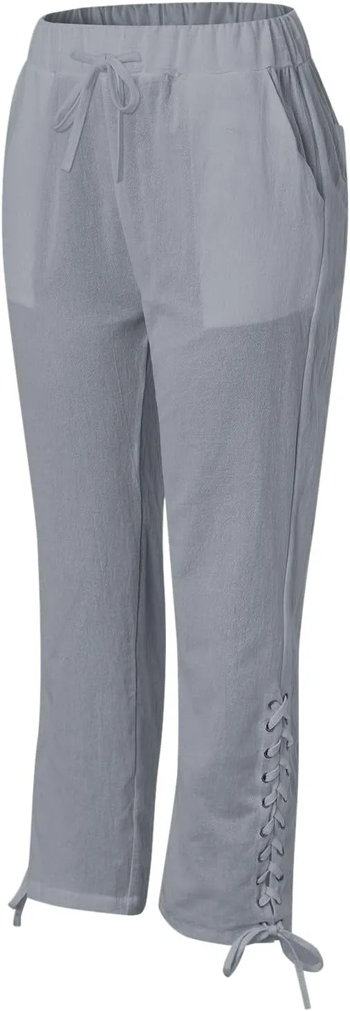 Womens Cotton Linen Summer Striped Pants High Waist Bootcut Slim Fit Trousers Trendy