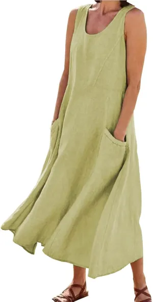 Womens Plus Size Summer Sleeveless Cotten Linen Tank Dress Loose Flowy Midi Long Beach Dresses with Pockets