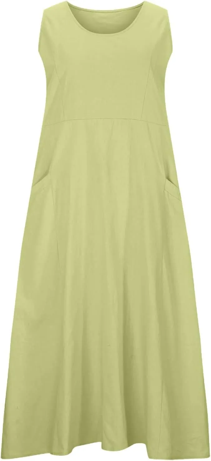 Womens Plus Size Summer Sleeveless Cotten Linen Tank Dress Loose Flowy Midi Long Beach Dresses with Pockets