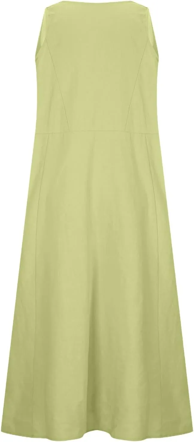 Womens Plus Size Summer Sleeveless Cotten Linen Tank Dress Loose Flowy Midi Long Beach Dresses with Pockets