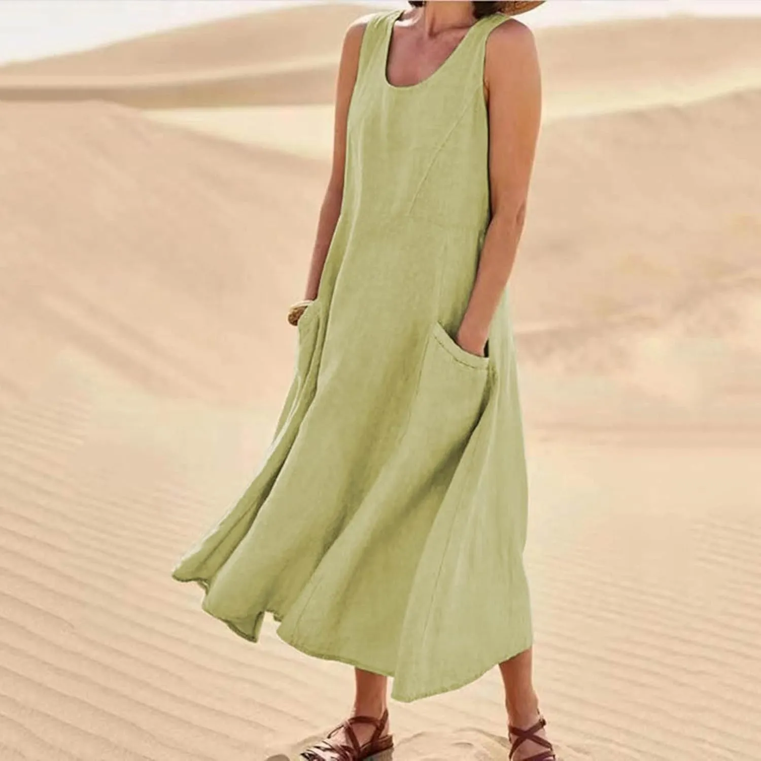 Womens Plus Size Summer Sleeveless Cotten Linen Tank Dress Loose Flowy Midi Long Beach Dresses with Pockets