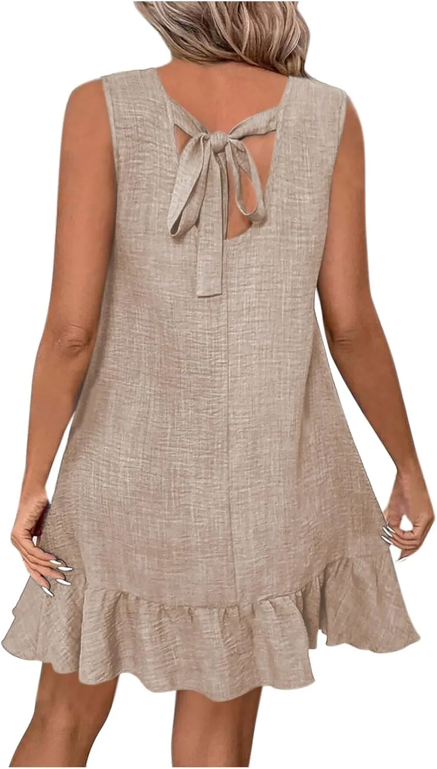 Womens Summer Casual Beach Sundress Crew Neck Sleeveless Tank Dresses 2025 Fashion Ruffle Mini Dress