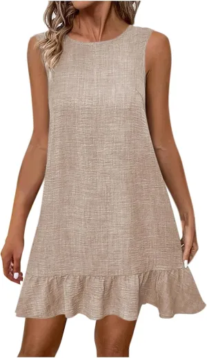 Womens Summer Casual Beach Sundress Crew Neck Sleeveless Tank Dresses 2025 Fashion Ruffle Mini Dress
