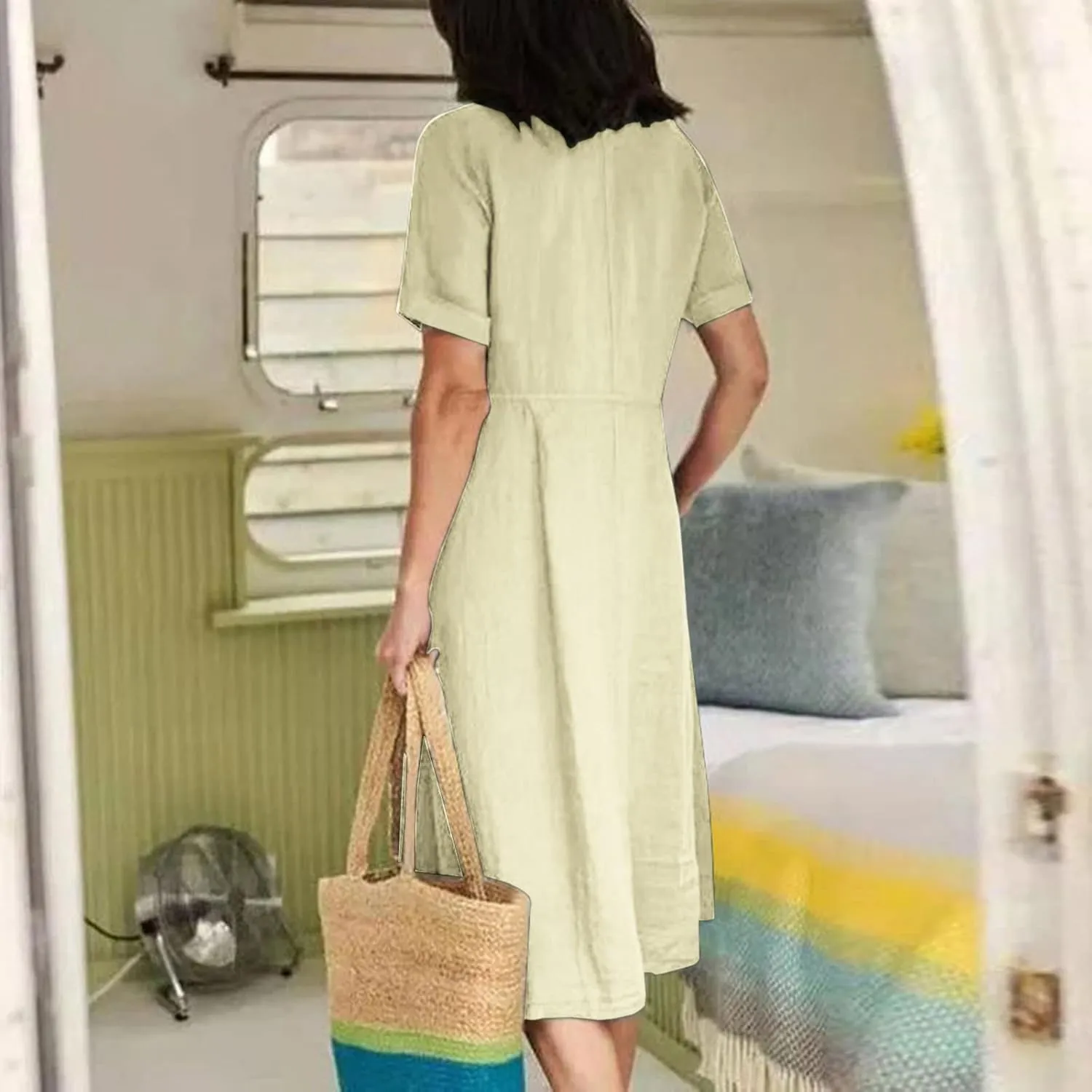 Women's Summer Dresses Casual V Neck Button Down Short Sleeve Midi Dress Loose Cotton Linen Dress with Pockets