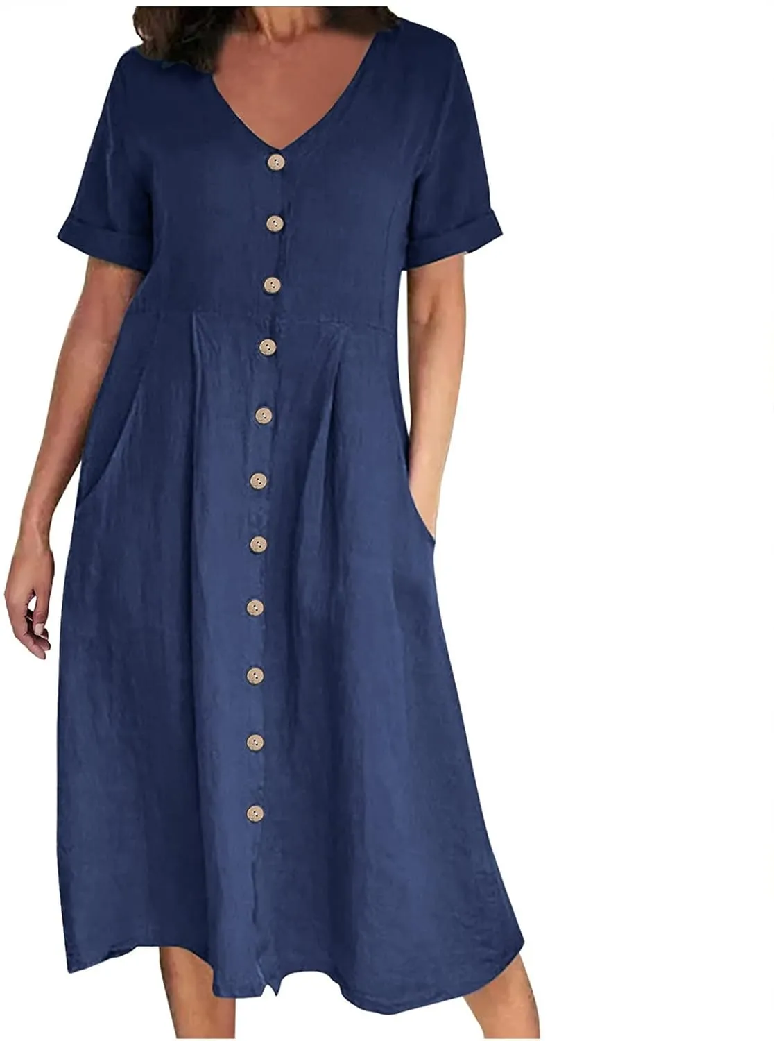 Women's Summer Dresses Casual V Neck Button Down Short Sleeve Midi Dress Loose Cotton Linen Dress with Pockets