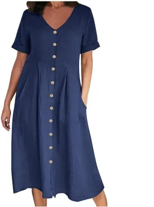 Women's Summer Dresses Casual V Neck Button Down Short Sleeve Midi Dress Loose Cotton Linen Dress with Pockets