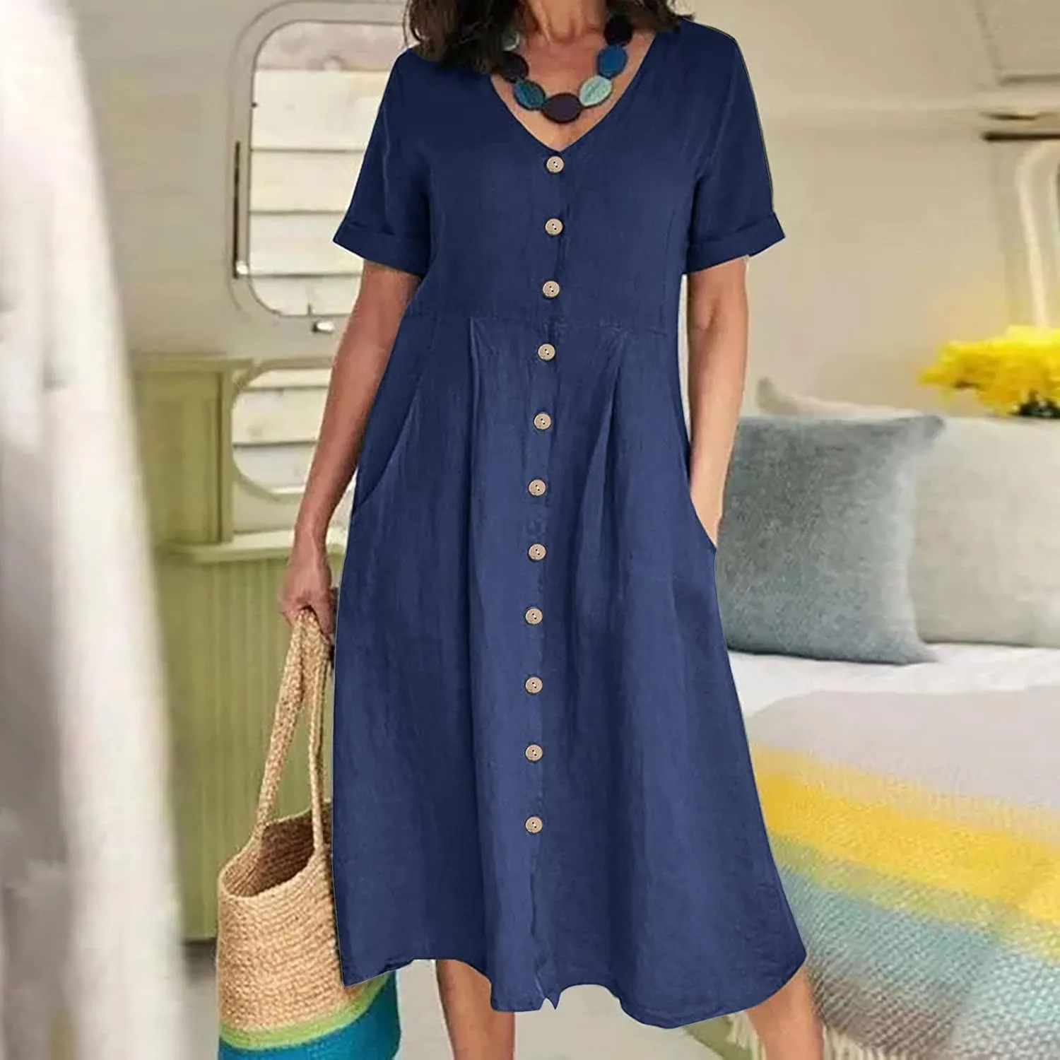 Women's Summer Dresses Casual V Neck Button Down Short Sleeve Midi Dress Loose Cotton Linen Dress with Pockets