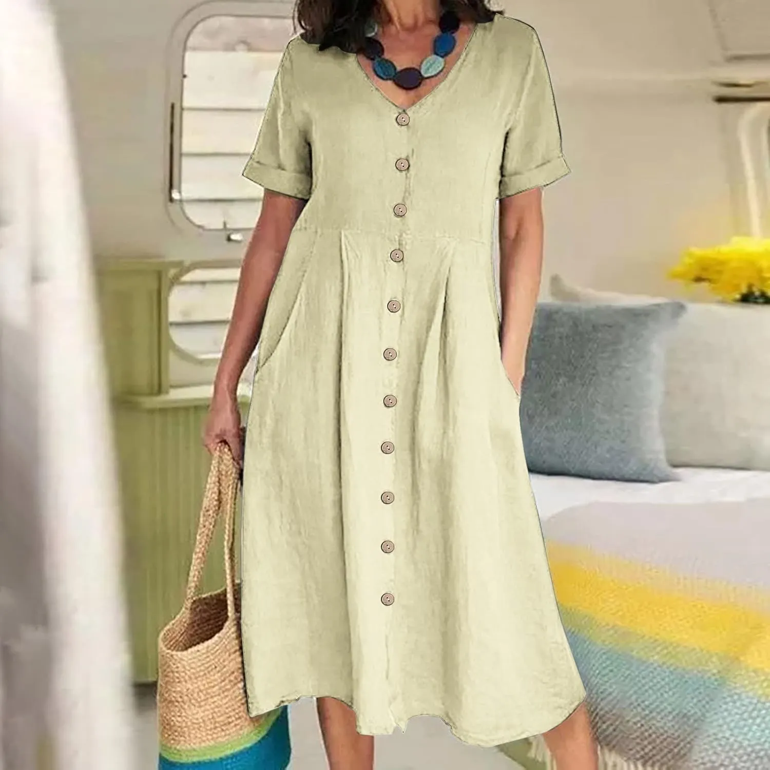 Women's Summer Dresses Casual V Neck Button Down Short Sleeve Midi Dress Loose Cotton Linen Dress with Pockets