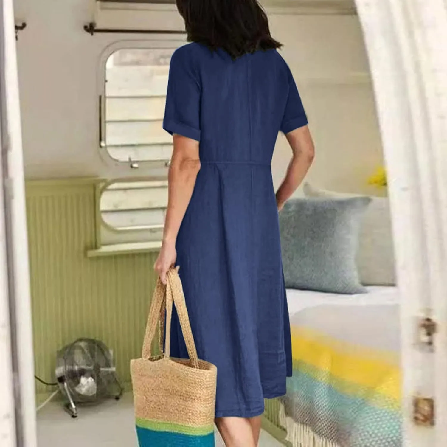 Women's Summer Dresses Casual V Neck Button Down Short Sleeve Midi Dress Loose Cotton Linen Dress with Pockets