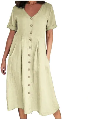 Women's Summer Dresses Casual V Neck Button Down Short Sleeve Midi Dress Loose Cotton Linen Dress with Pockets