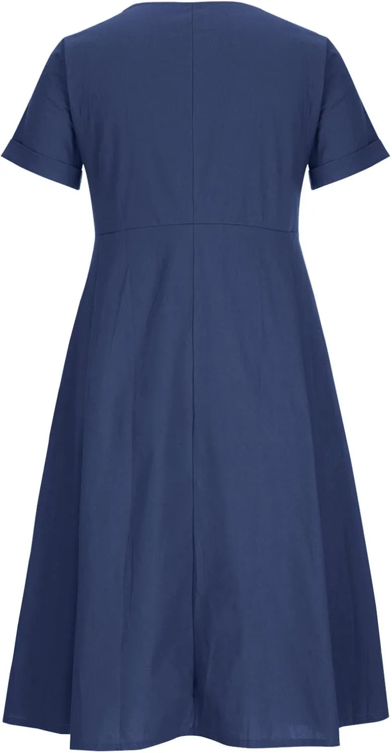 Women's Summer Dresses Casual V Neck Button Down Short Sleeve Midi Dress Loose Cotton Linen Dress with Pockets