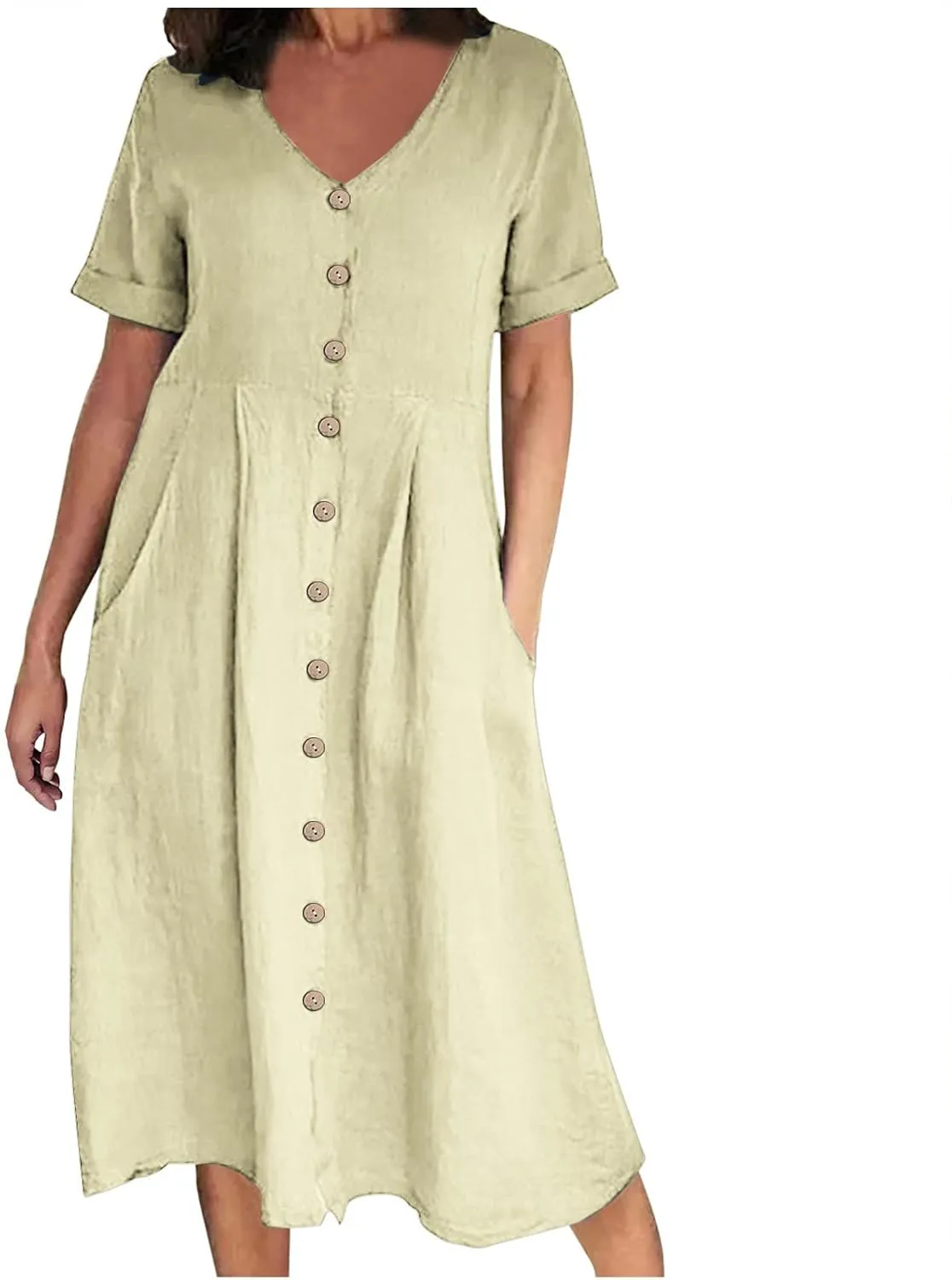 Women's Summer Dresses Casual V Neck Button Down Short Sleeve Midi Dress Loose Cotton Linen Dress with Pockets