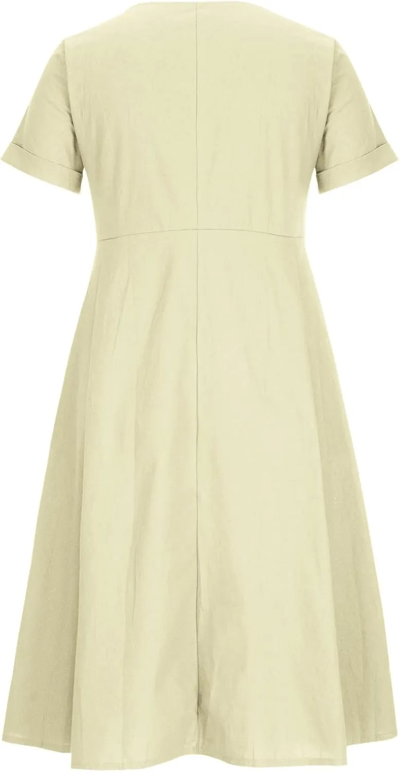 Women's Summer Dresses Casual V Neck Button Down Short Sleeve Midi Dress Loose Cotton Linen Dress with Pockets